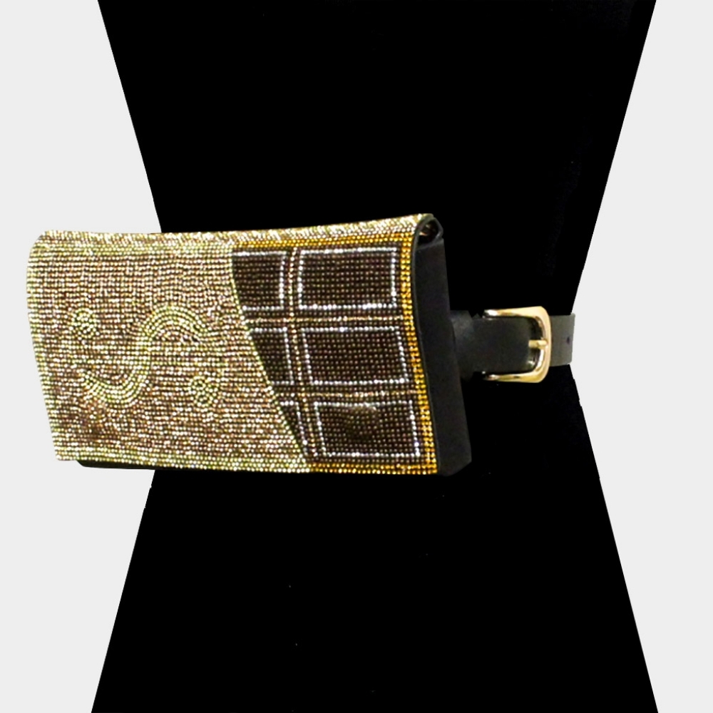 Topaz Chocolate Bar Gold Dollar Sign Crystal Rhinestone FannyPack Belt Purse Bag